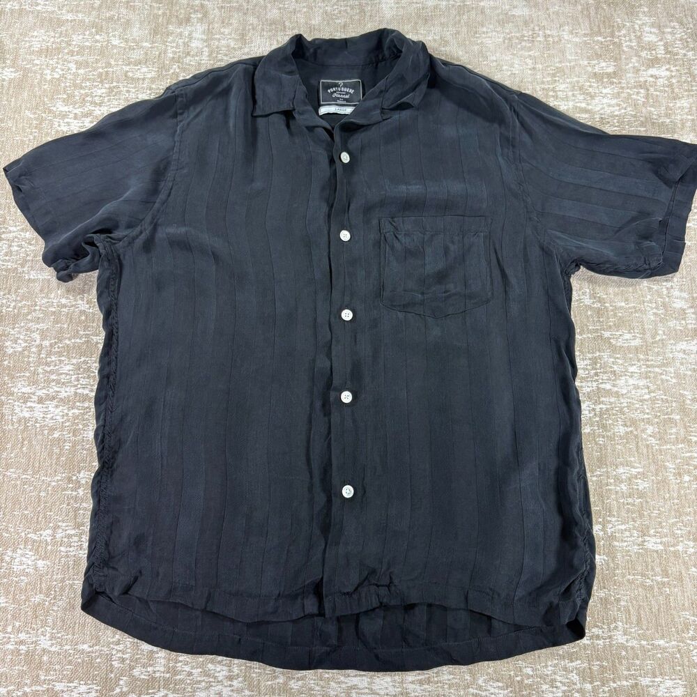 Portuguese Flannel Black Cupro Stripe Camp Collar Short Sleeve Shirt - Large